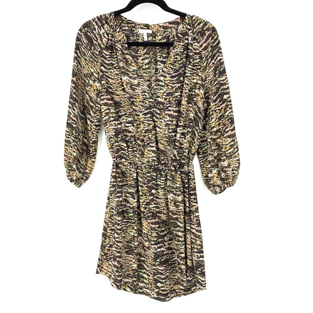 Joie Women's Size XS Silk Faux Wrap Abstract Animal Molly Dress Brown Black